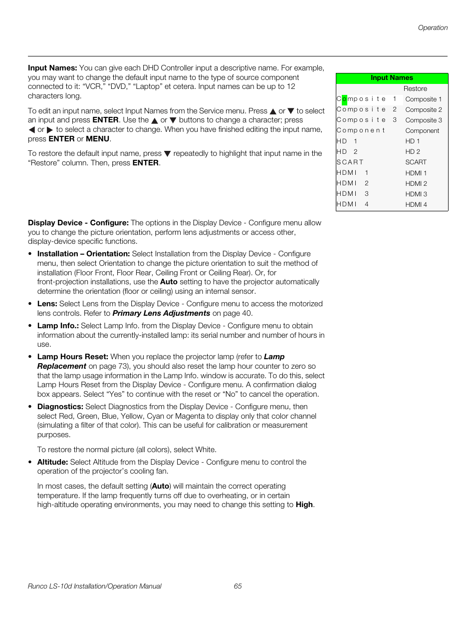 Input names, Display device - configure, Ct diagnostics | E diagnostics, He diagnostics, Pre l iminar y | Runco LIGHTSTYLE LS-10D User Manual | Page 81 / 112