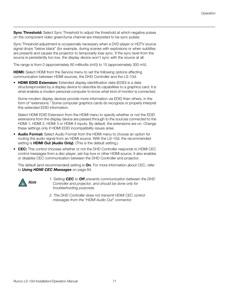 Sync threshold, Hdmi, Pre l iminar y | Runco LIGHTSTYLE LS-10D User Manual | Page 87 / 112