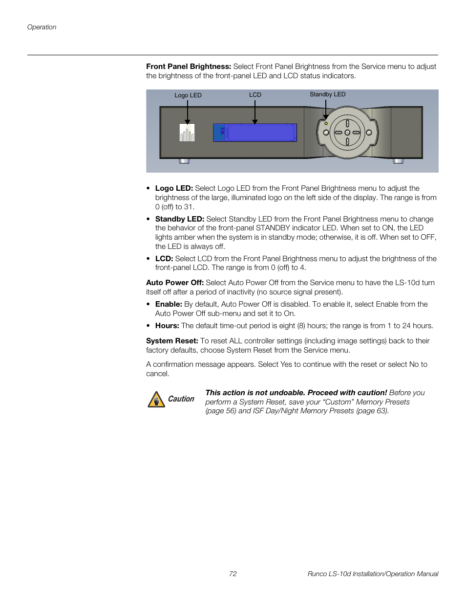 Front panel brightness, Auto power off, System reset | Pre l iminar y | Runco LIGHTSTYLE LS-10D User Manual | Page 88 / 112