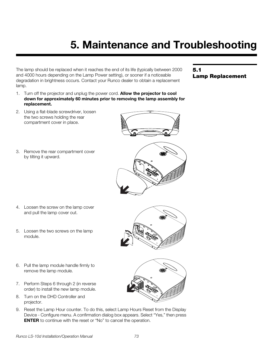 Maintenance and troubleshooting, 1 lamp replacement, Lamp replacement | Lamp, Pre l iminar y | Runco LIGHTSTYLE LS-10D User Manual | Page 89 / 112