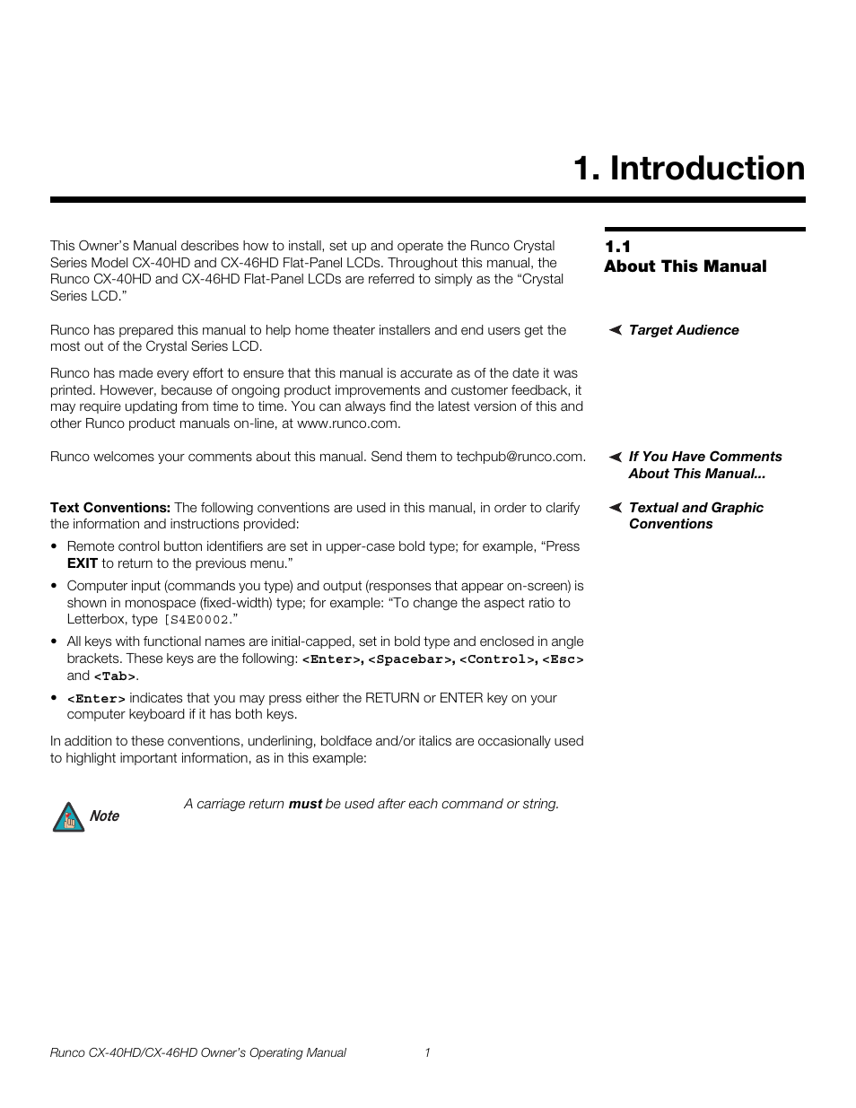 Introduction, 1 about this manual, Target audience | If you have comments about this manual, Textual and graphic conventions, Text conventions, About this manual, Pre l iminar y | Runco CX-46HD User Manual | Page 11 / 76