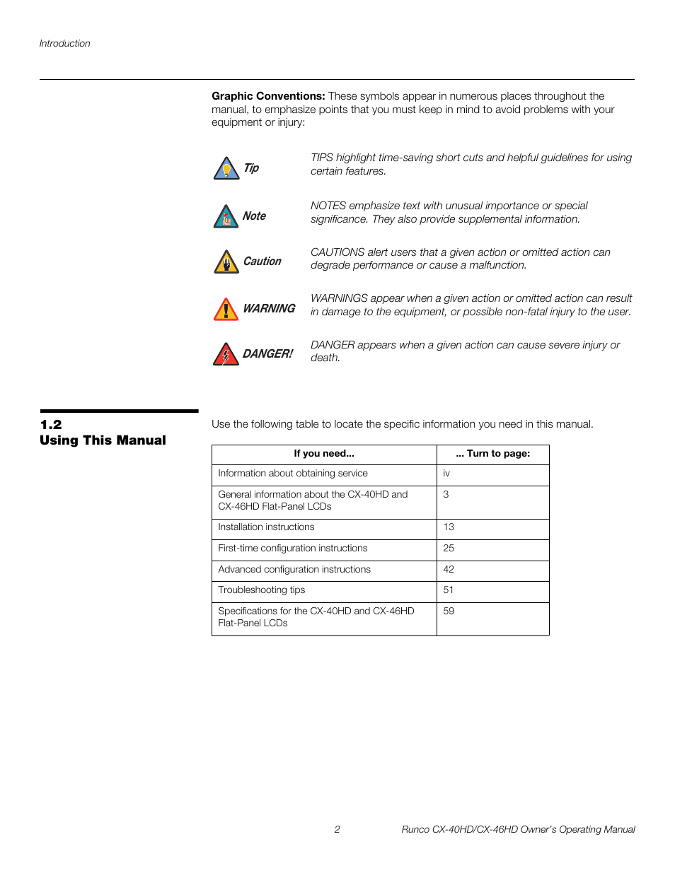 Graphic conventions, 2 using this manual, Using this manual | Pre l iminar y | Runco CX-46HD User Manual | Page 12 / 76