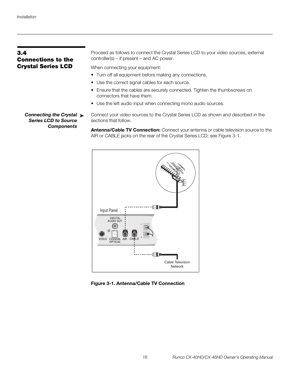 4 connections to the crystal series lcd, Antenna/cable tv connection, Figure 3-1 . antenna/cable tv connection | Connections to the crystal series lcd, 1. antenna/cable tv connection, Pre l iminar y | Runco CX-46HD User Manual | Page 26 / 76