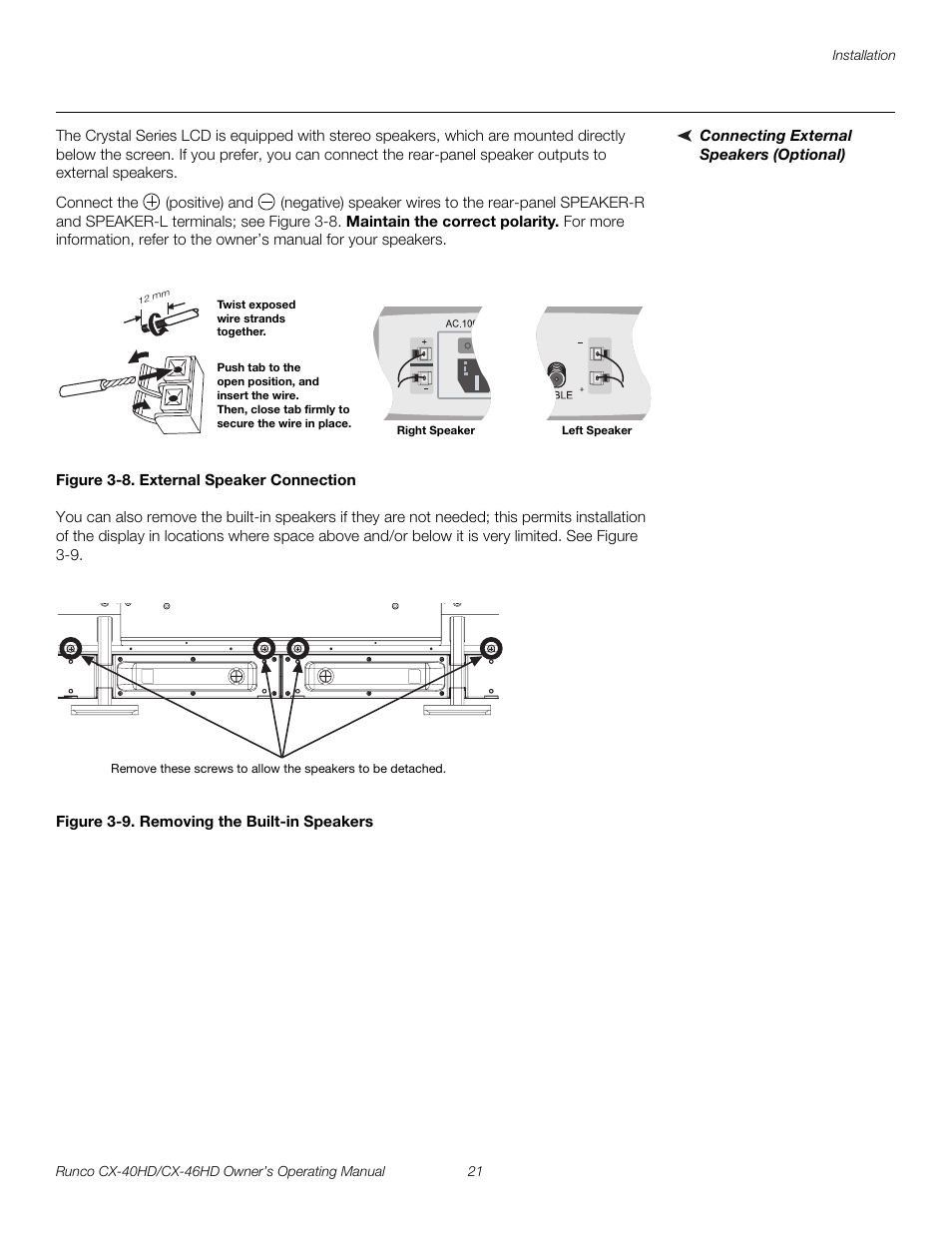 Connecting external speakers (optional), Figure 3-8 . external speaker connection, Figure 3-9 . removing the built-in speakers | 8. external speaker connection, 9. removing the built-in speakers, Pre l iminar y | Runco CX-46HD User Manual | Page 31 / 76