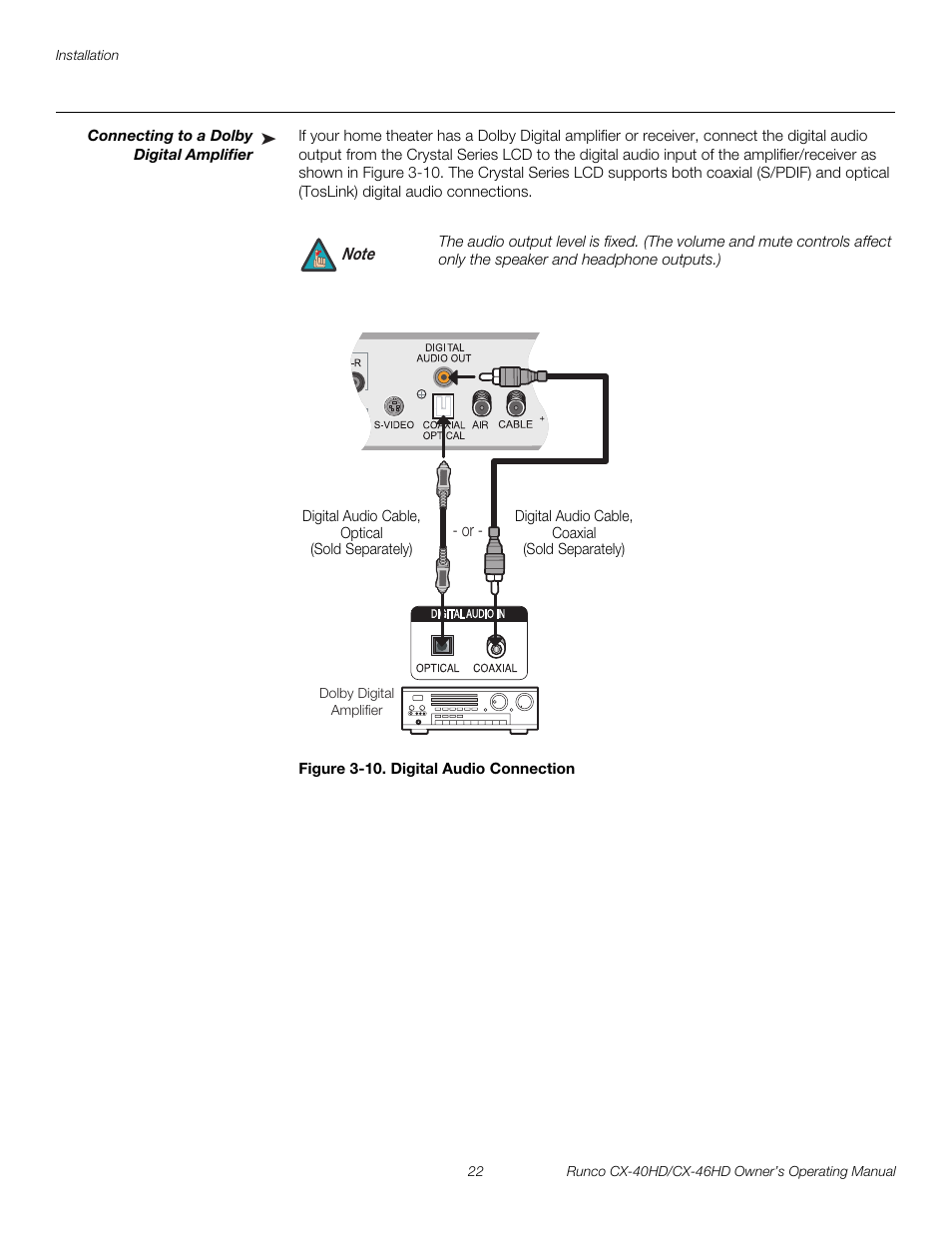 Connecting to a dolby digital amplifier, Figure 3-10 . digital audio connection, 10. digital audio connection | Pre l iminar y | Runco CX-46HD User Manual | Page 32 / 76