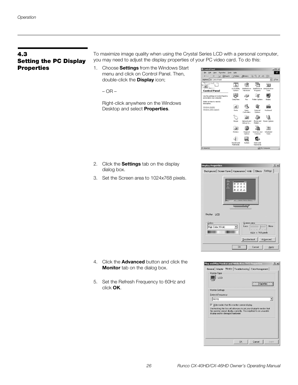 3 setting the pc display properties, Setting the pc display properties, Pre l iminar y | Runco CX-46HD User Manual | Page 36 / 76