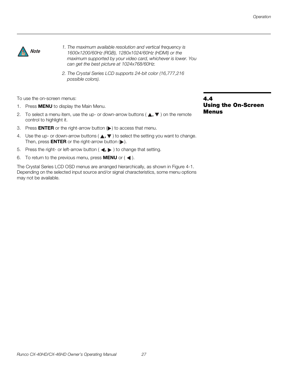 4 using the on-screen menus, Using the on-screen menus, Pre l iminar y | Runco CX-46HD User Manual | Page 37 / 76