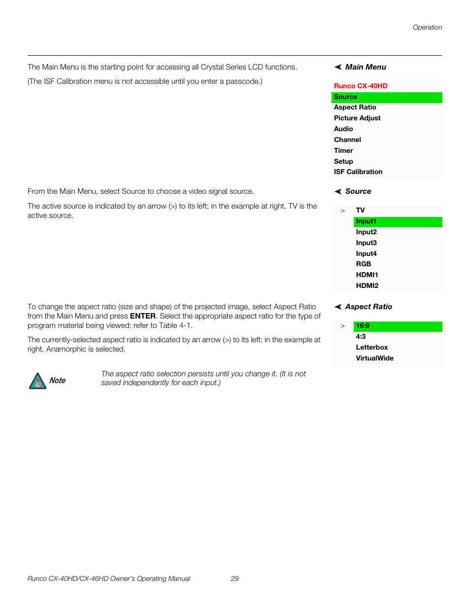 Main menu, Source, Aspect ratio | Pre l iminar y | Runco CX-46HD User Manual | Page 39 / 76