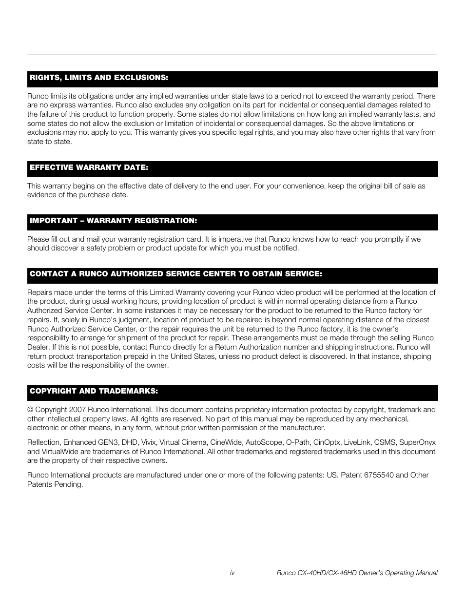 Pre l iminar y | Runco CX-46HD User Manual | Page 4 / 76
