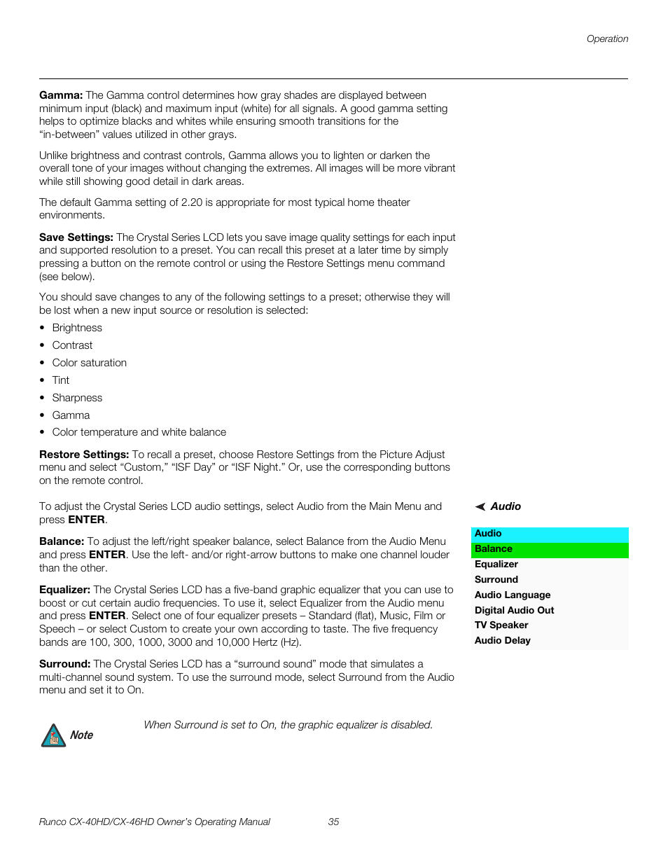 Gamma, Save settings, Restore settings | Audio, Balance, Equalizer, Surround, Pre l iminar y | Runco CX-46HD User Manual | Page 45 / 76