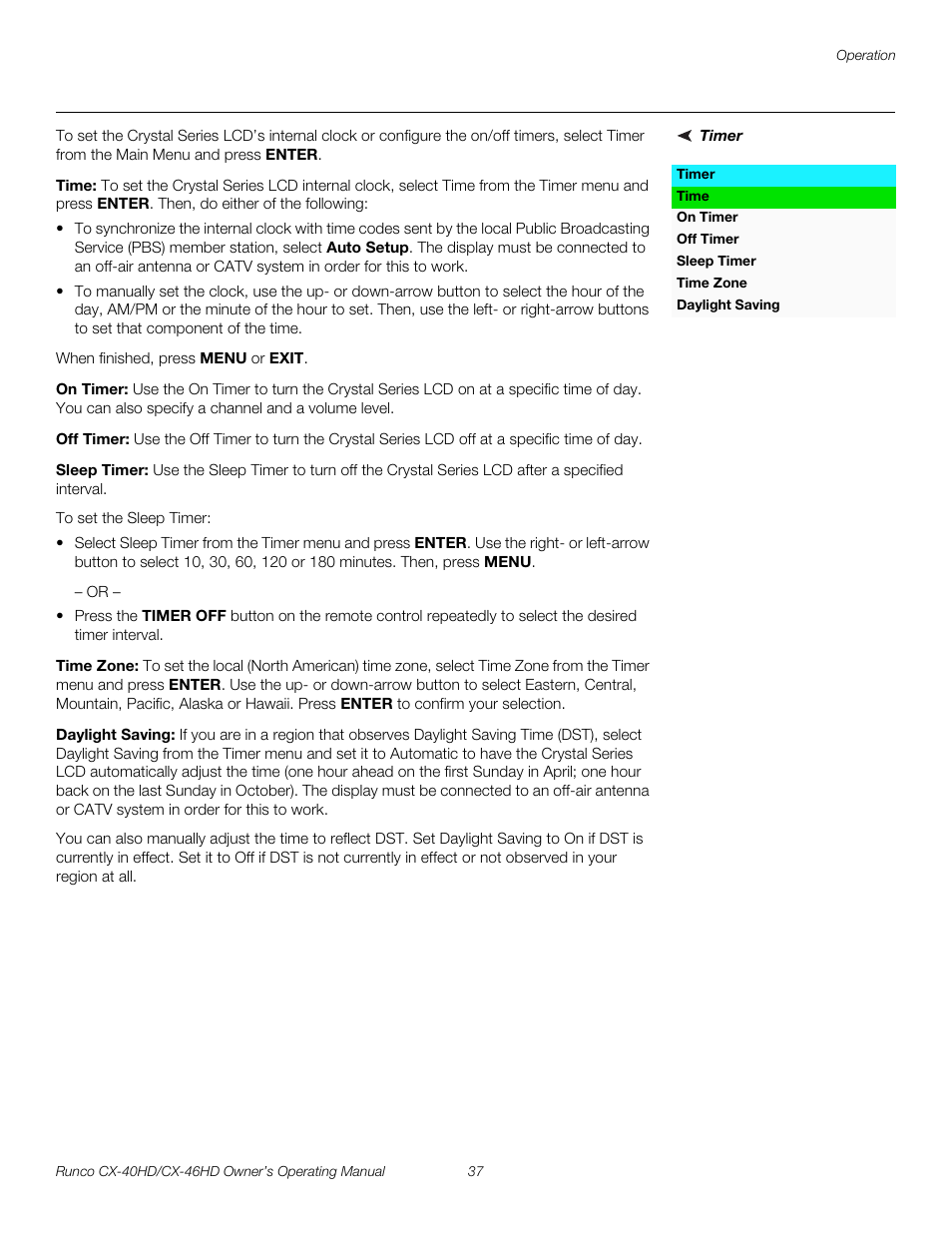 Timer, Time, On timer | Off timer, Sleep timer, Time zone, Daylight saving, Pre l iminar y | Runco CX-46HD User Manual | Page 47 / 76