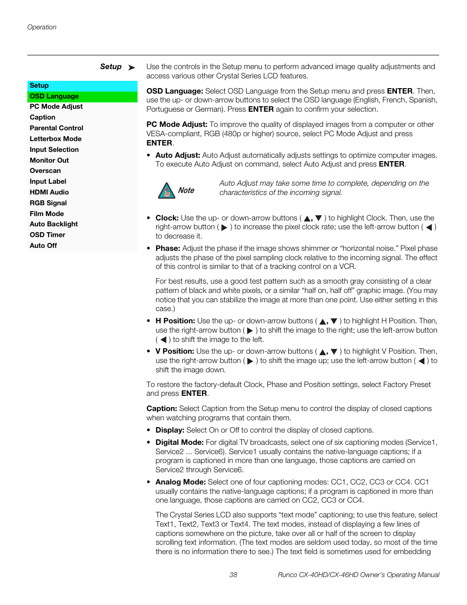 Setup, Osd language, Pc mode adjust | Caption, Pre l iminar y | Runco CX-46HD User Manual | Page 48 / 76