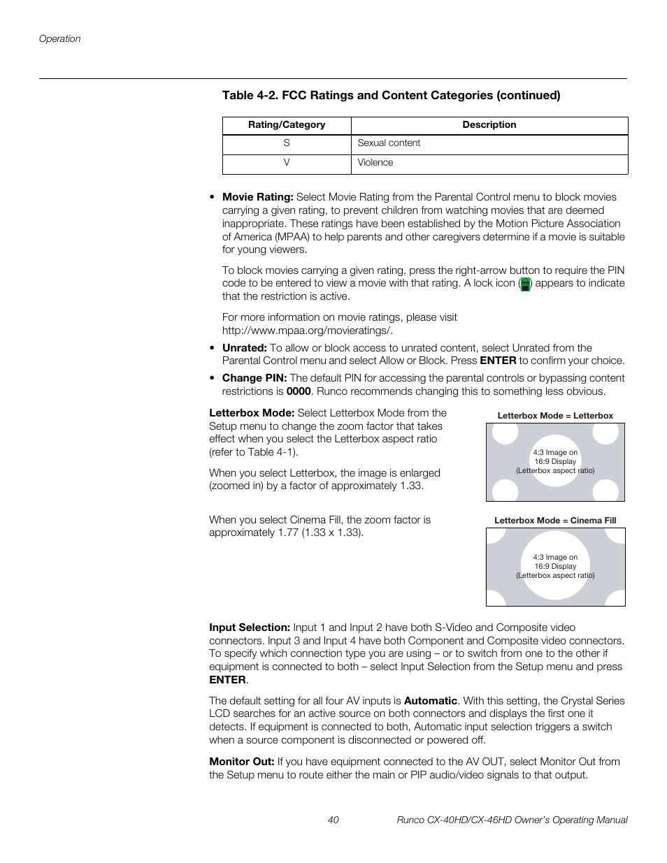 Letterbox mode, Input selection, Monitor out | Pre l iminar y | Runco CX-46HD User Manual | Page 50 / 76