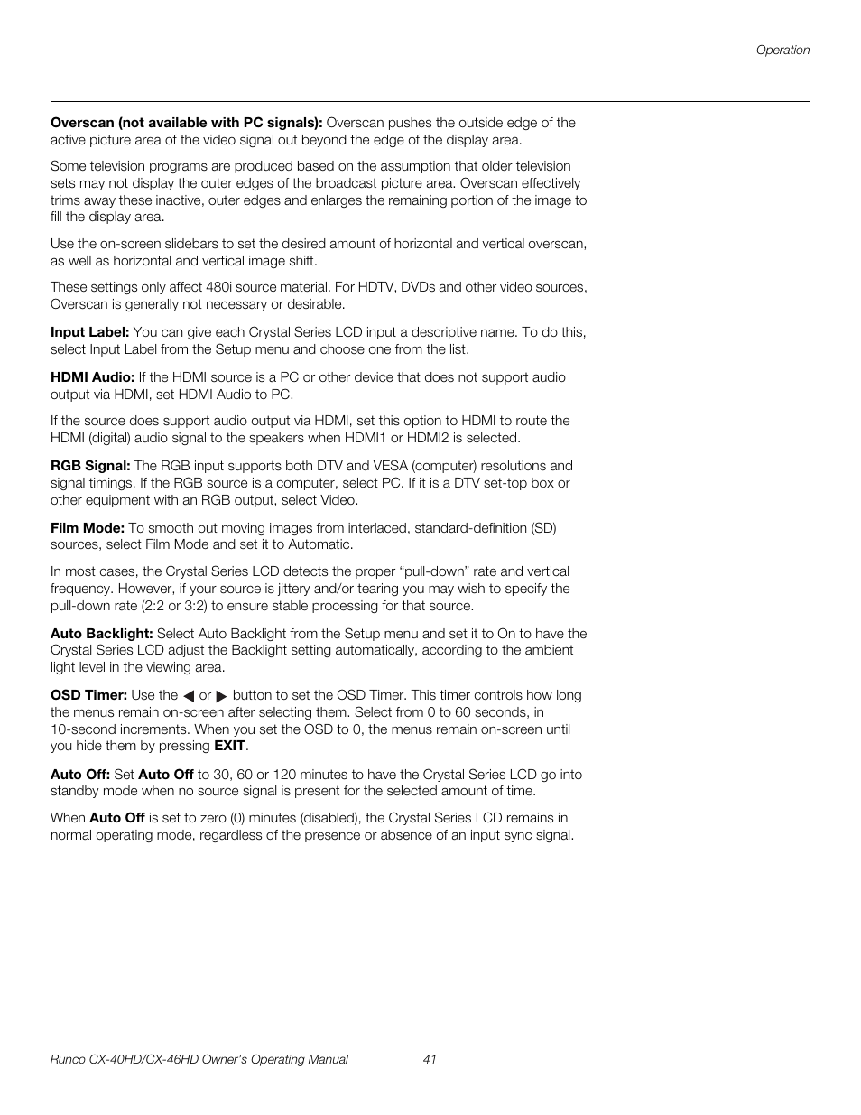 Overscan (not available with pc signals), Input label, Hdmi audio | Rgb signal, Film mode, Auto backlight, Osd timer, Auto off, H 41, Pre l iminar y | Runco CX-46HD User Manual | Page 51 / 76