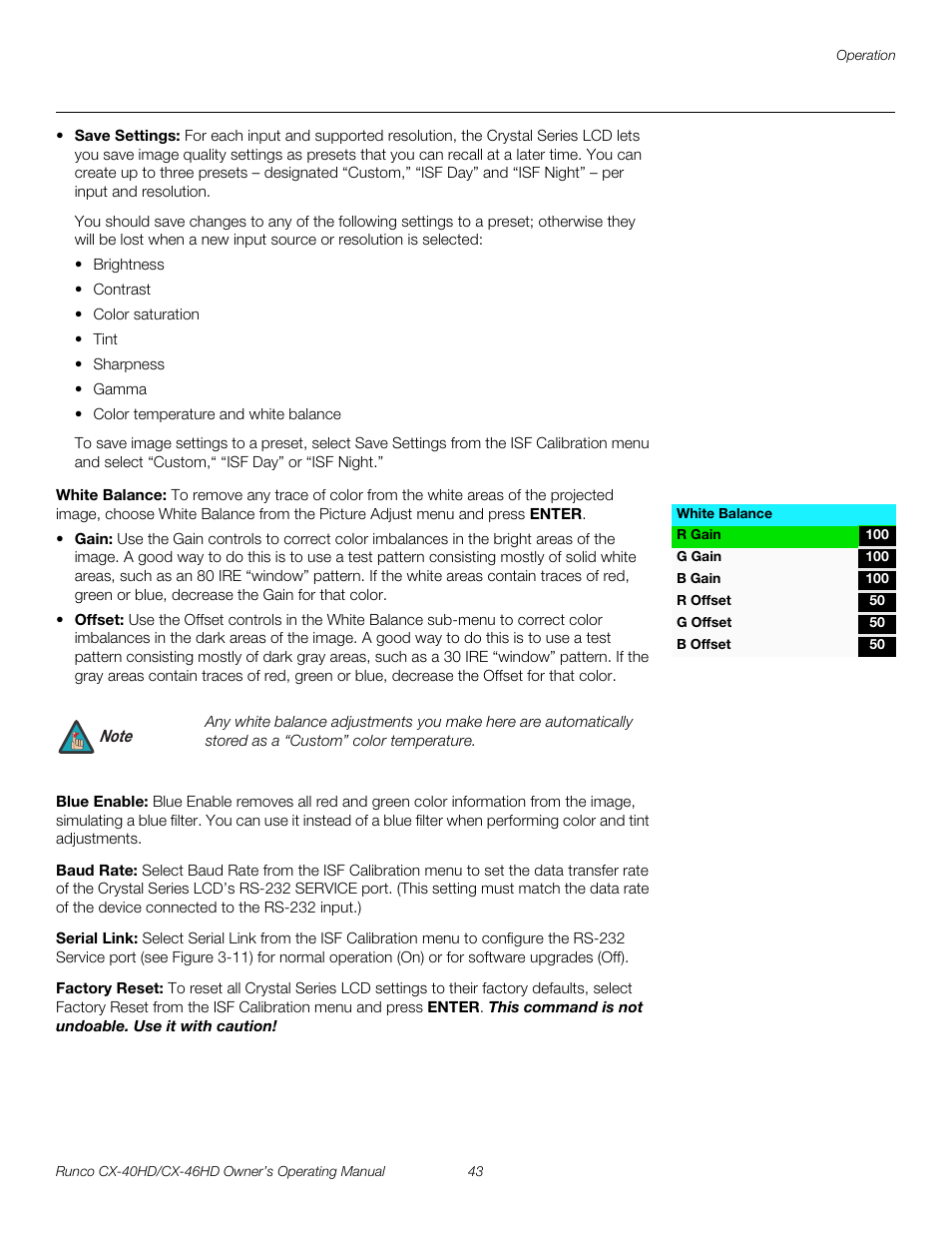 White balance, Blue enable, Baud rate | Serial link, Factory reset, Pre l iminar y | Runco CX-46HD User Manual | Page 53 / 76