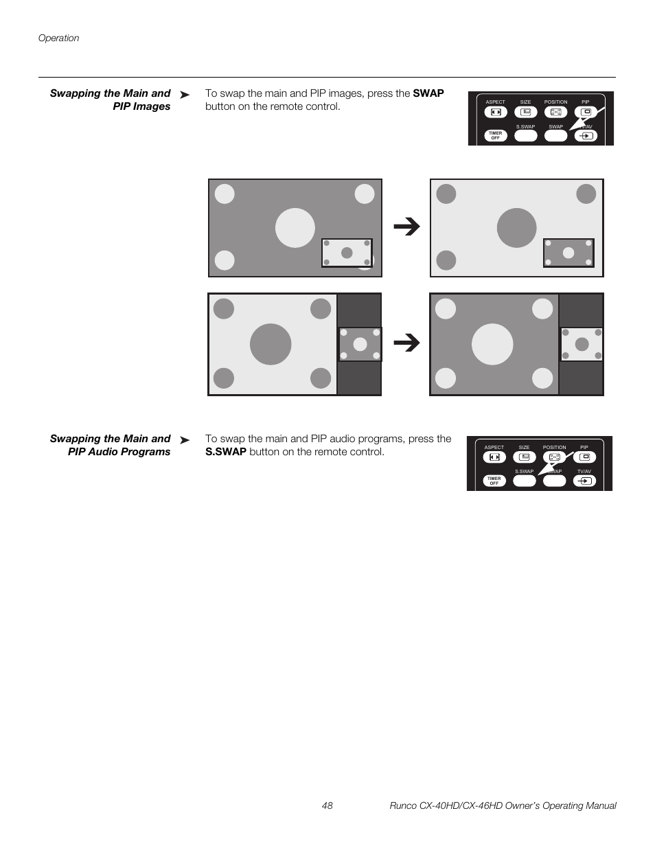 Swapping the main and pip images, Swapping the main and pip audio programs, Pre l iminar y | Runco CX-46HD User Manual | Page 58 / 76