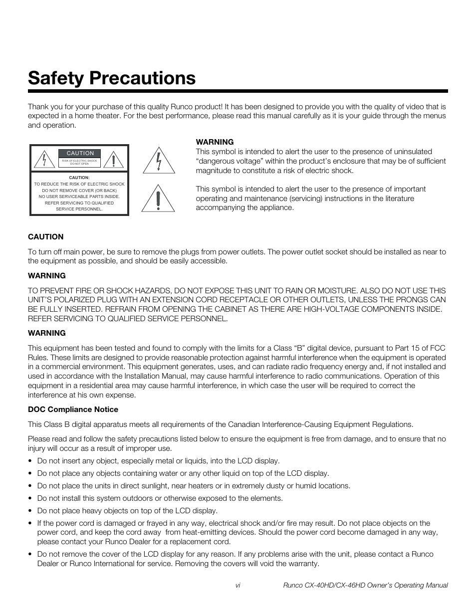 Safety precautions, Pre l iminar y | Runco CX-46HD User Manual | Page 6 / 76