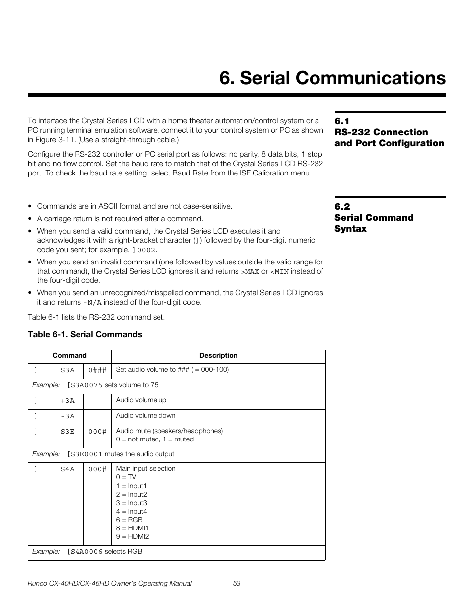 Serial communications, 1 rs-232 connection and port configuration, 2 serial command syntax | Table 6-1 . serial commands, Rs-232 connection and port configuration, Serial command syntax, Pre l iminar y | Runco CX-46HD User Manual | Page 63 / 76