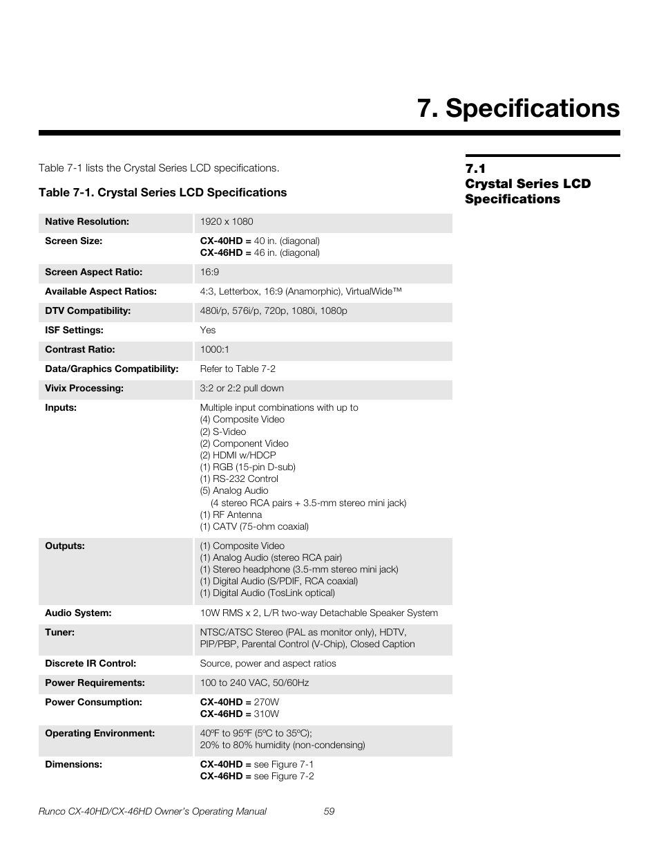 Specifications, 1 crystal series lcd specifications, Table 7-1 . crystal series lcd specifications | Crystal series lcd specifications, Pre l iminar y | Runco CX-46HD User Manual | Page 69 / 76