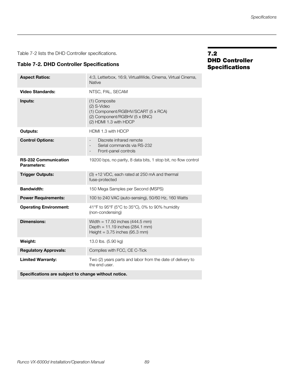 2 dhd controller specifications, Table 7-2 . dhd controller specifications, Dhd controller specifications | Table 7-2, Pre l iminar y | Runco CINEWIDE VX-6000D User Manual | Page 105 / 112