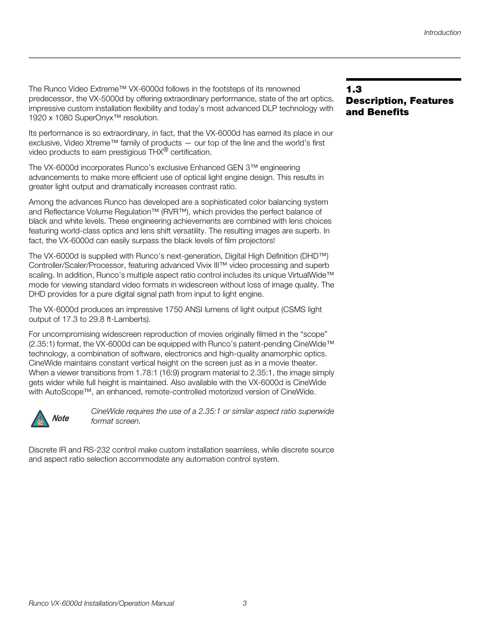3 description, features and benefits, Description, features and benefits, Pre l iminar y | Runco CINEWIDE VX-6000D User Manual | Page 19 / 112