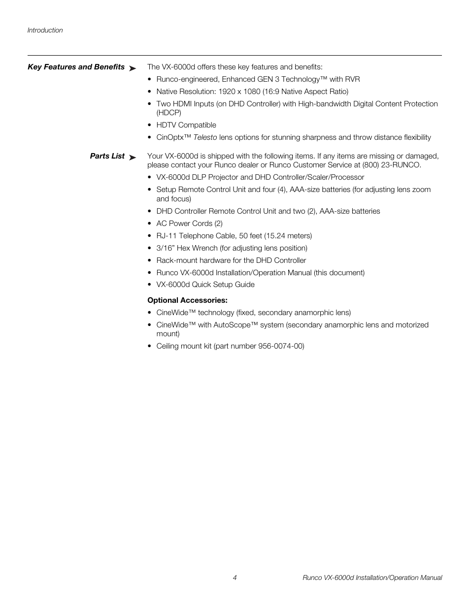 Key features and benefits, Parts list, Optional accessories | Pre l iminar y | Runco CINEWIDE VX-6000D User Manual | Page 20 / 112