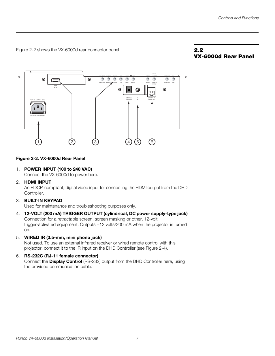 2 vx-6000d rear panel, Figure 2-2 . vx-6000d rear panel, Vx-6000d rear panel | 2. vx-6000d rear panel, Pre l iminar y | Runco CINEWIDE VX-6000D User Manual | Page 23 / 112