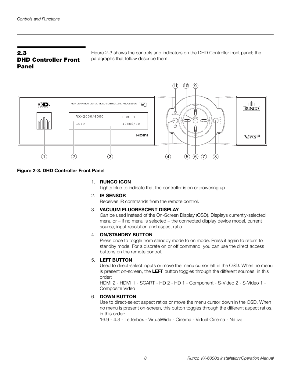 3 dhd controller front panel, Figure 2-3 . dhd controller front panel, Dhd controller front panel | 3. dhd controller front panel, Pre l iminar y | Runco CINEWIDE VX-6000D User Manual | Page 24 / 112