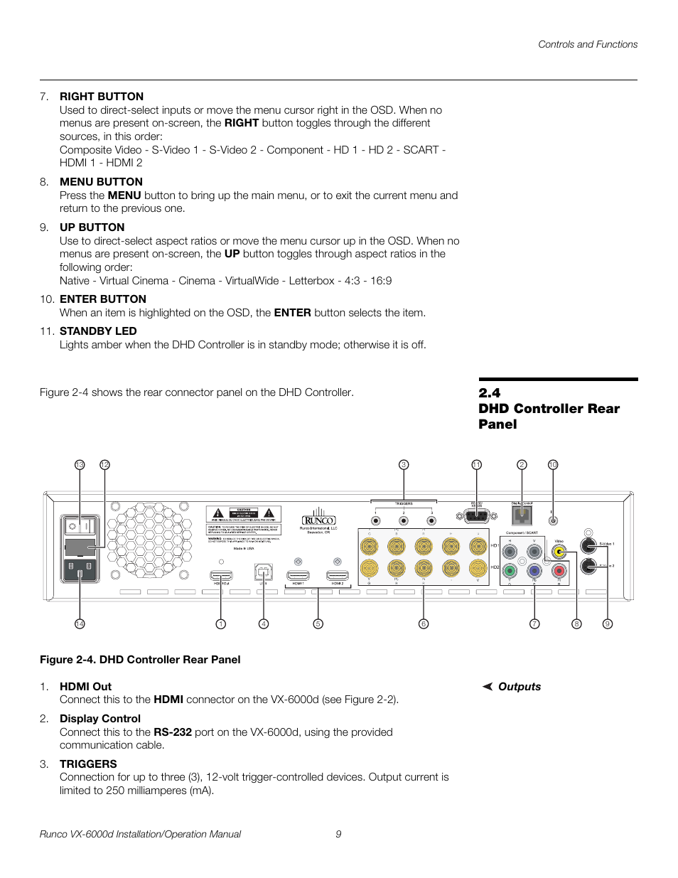 4 dhd controller rear panel, Figure 2-4 . dhd controller rear panel, Outputs | Dhd controller rear panel, 4. dhd controller rear panel, Pre l iminar y | Runco CINEWIDE VX-6000D User Manual | Page 25 / 112