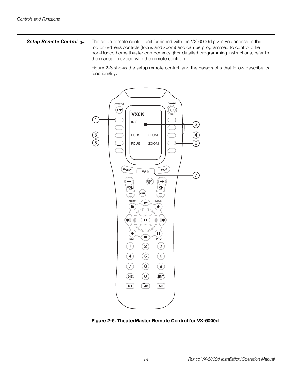 Setup remote control, 6. theatermaster remote control for vx-6000d, Pre l iminar y | Runco CINEWIDE VX-6000D User Manual | Page 30 / 112