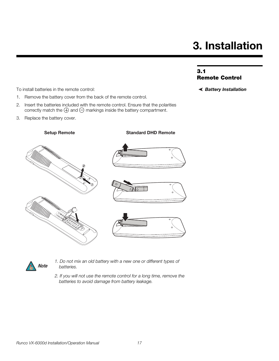 Installation, 1 remote control, Battery installation | Remote control, Pre l iminar y | Runco CINEWIDE VX-6000D User Manual | Page 33 / 112