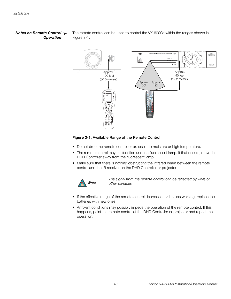 Notes on remote control operation, Figure 3-1 . available range of the remote control, 1. available range of the remote control | Pre l iminar y | Runco CINEWIDE VX-6000D User Manual | Page 34 / 112