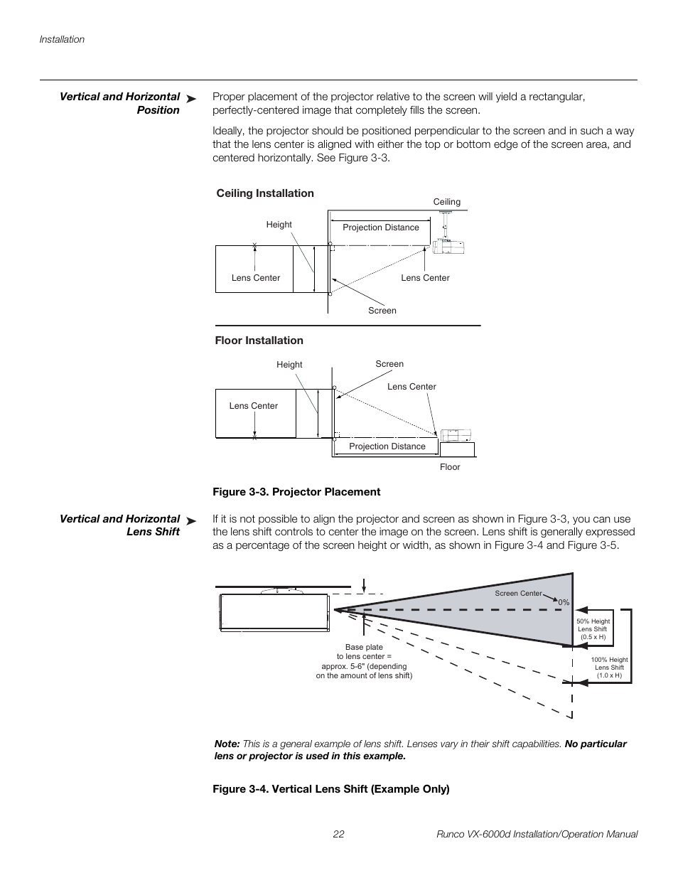 Vertical and horizontal position, Figure 3-3 . projector placement, Vertical and horizontal lens shift | Figure 3-4 . vertical lens shift (example only), 3. projector placement, 4. vertical lens shift (example only), Pre l iminar y | Runco CINEWIDE VX-6000D User Manual | Page 38 / 112