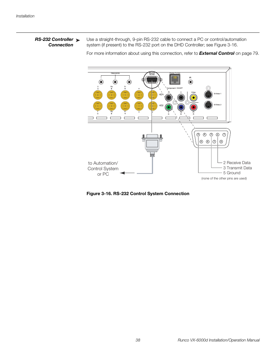 Rs-232 controller connection, Figure 3-16 . rs-232 control system connection, 16. rs-232 control system connection | Pre l iminar y | Runco CINEWIDE VX-6000D User Manual | Page 54 / 112