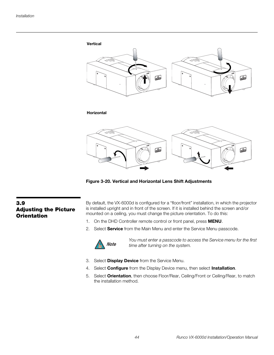 9 adjusting the picture orientation, Adjusting the picture orientation, 20. vertical and horizontal lens shift adjustments | Pre l iminar y | Runco CINEWIDE VX-6000D User Manual | Page 60 / 112