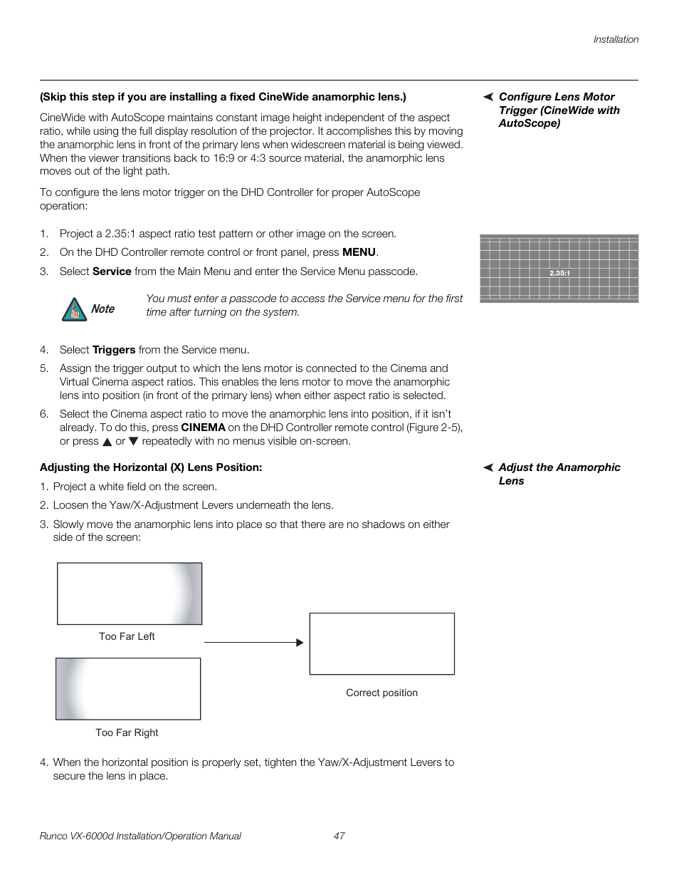 Adjust the anamorphic lens, Adjusting the horizontal (x) lens position, Pre l iminar y | Runco CINEWIDE VX-6000D User Manual | Page 63 / 112