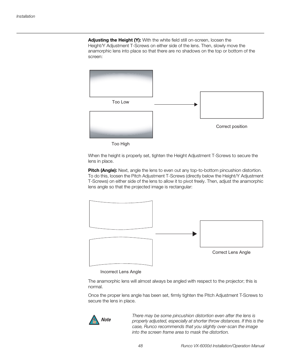 Adjusting the height (y), Pitch (angle), Pre l iminar y | Runco CINEWIDE VX-6000D User Manual | Page 64 / 112