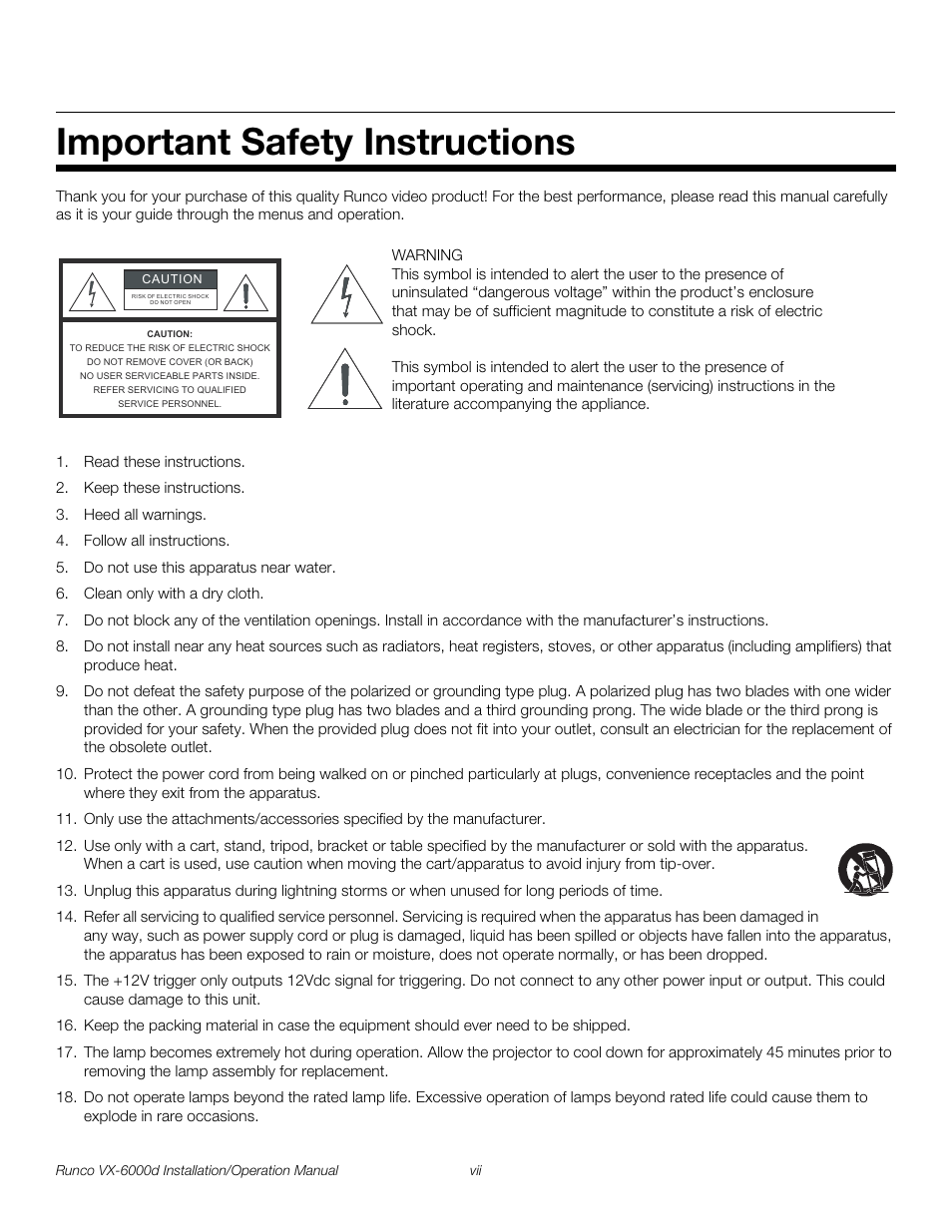 Important safety instructions, Pre l iminar y | Runco CINEWIDE VX-6000D User Manual | Page 7 / 112