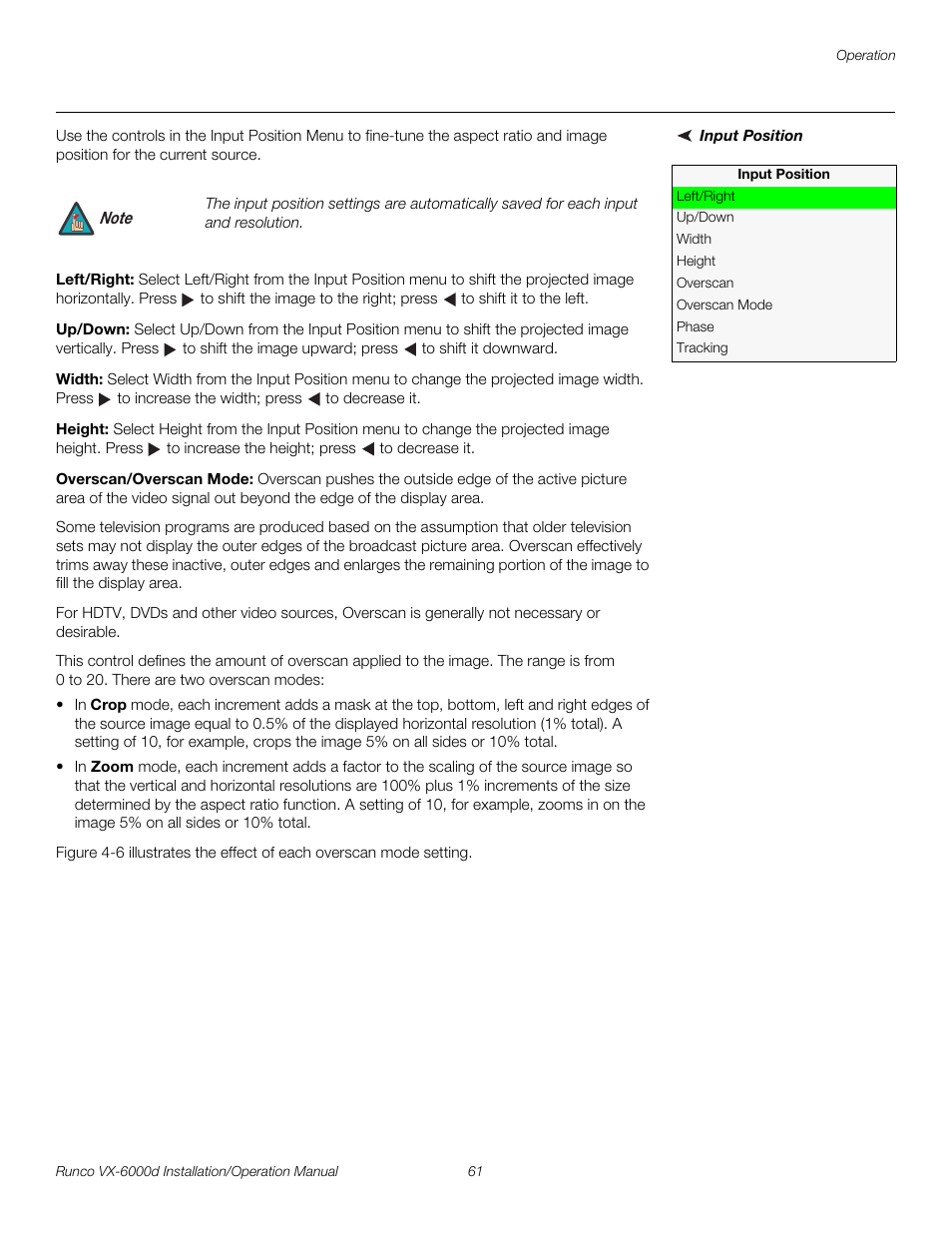 Input position, Left/right, Up/down | Width, Height, Overscan/overscan mode, Pre l iminar y | Runco CINEWIDE VX-6000D User Manual | Page 77 / 112