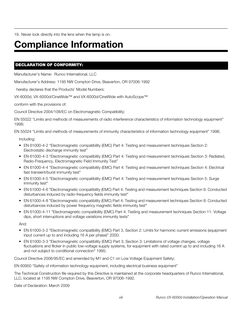 Compliance information, Pre l iminar y | Runco CINEWIDE VX-6000D User Manual | Page 8 / 112
