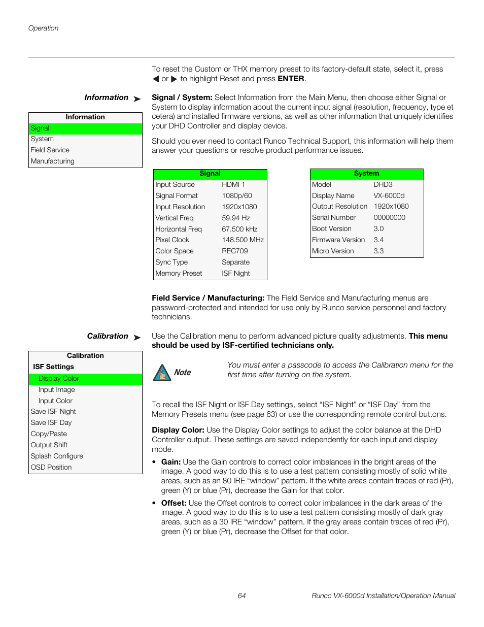 Information, Signal / system, Field service / manufacturing | Calibration, Display color, Pre l iminar y | Runco CINEWIDE VX-6000D User Manual | Page 80 / 112