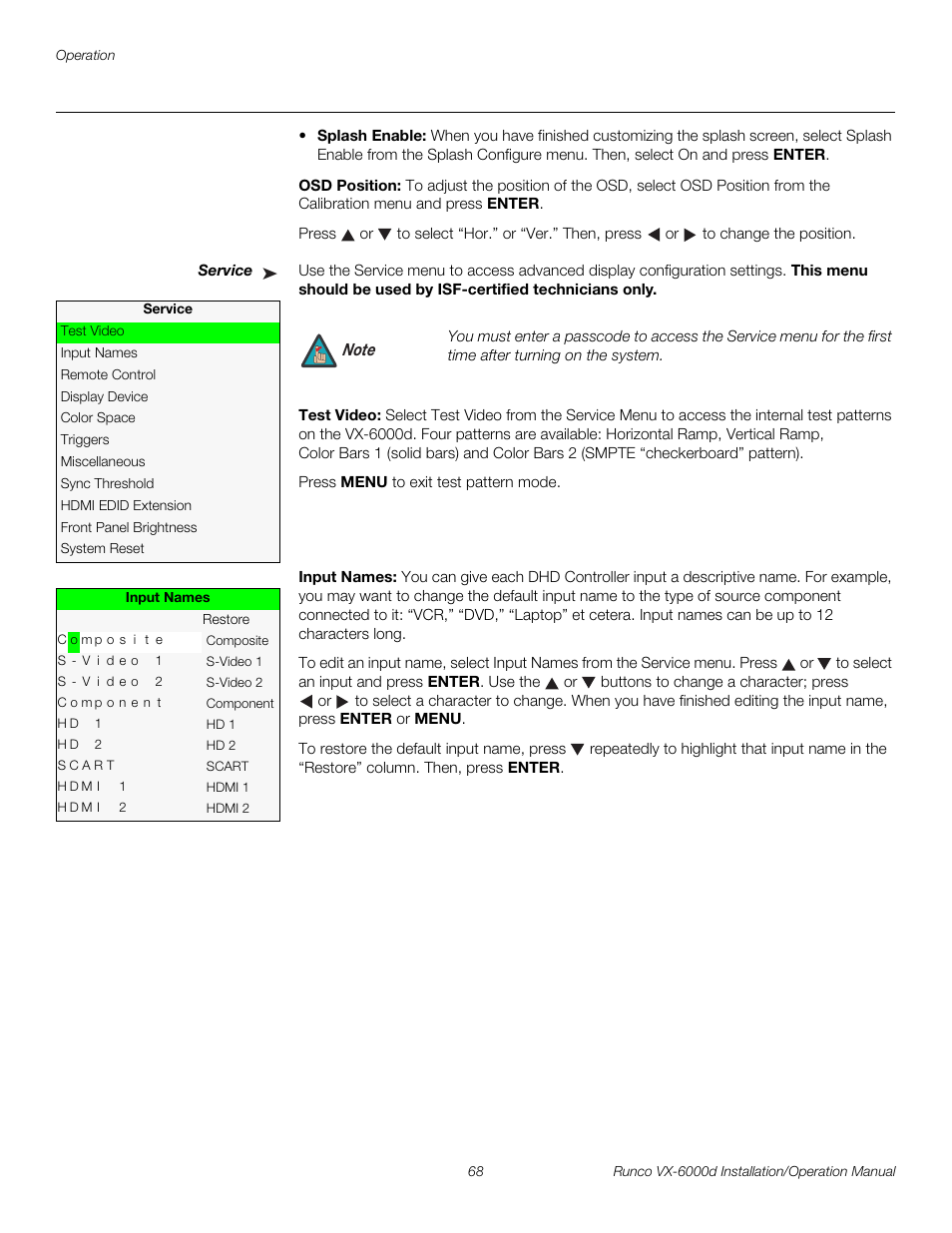 Osd position, Service, Test video | Input names, Iminar, Service fro, E service, Pre l iminar y | Runco CINEWIDE VX-6000D User Manual | Page 84 / 112