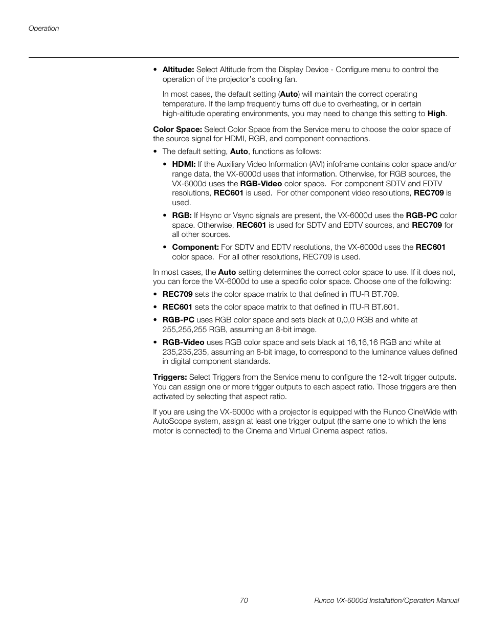 Color space, Triggers, Pre l iminar y | Runco CINEWIDE VX-6000D User Manual | Page 86 / 112
