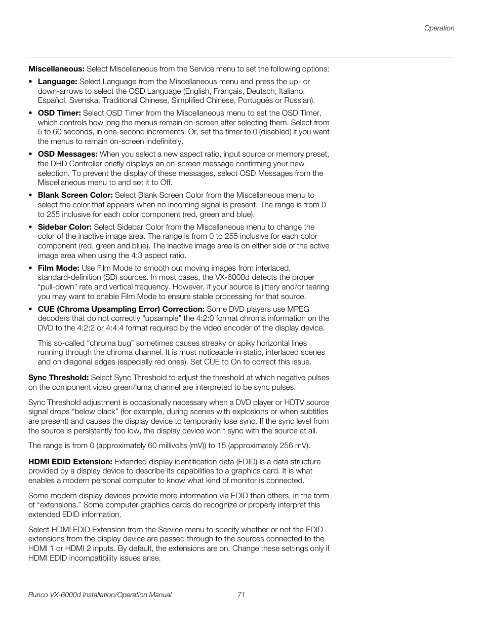 Miscellaneous, Sync threshold, Hdmi edid extension | Pre l iminar y | Runco CINEWIDE VX-6000D User Manual | Page 87 / 112
