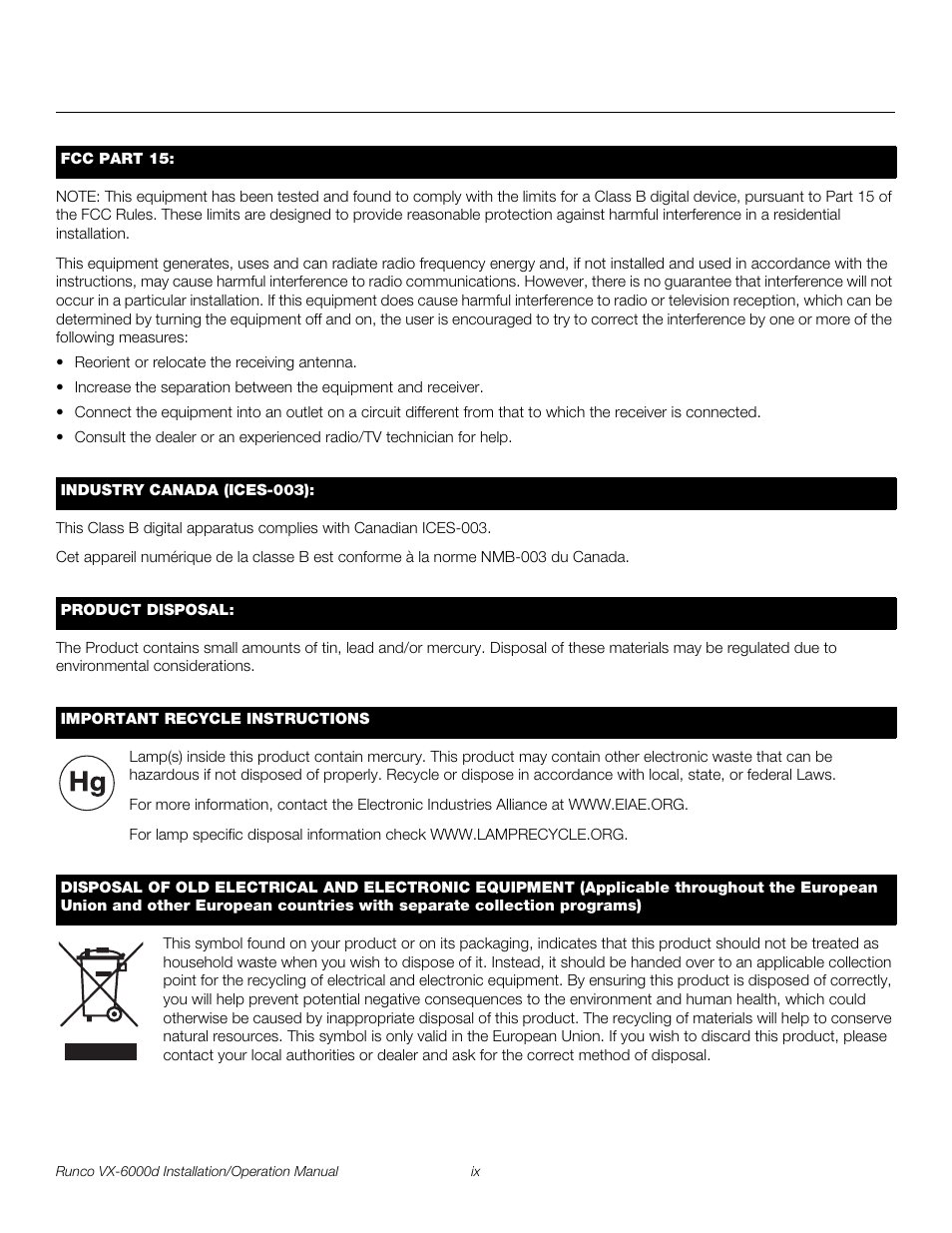 Pre l iminar y | Runco CINEWIDE VX-6000D User Manual | Page 9 / 112