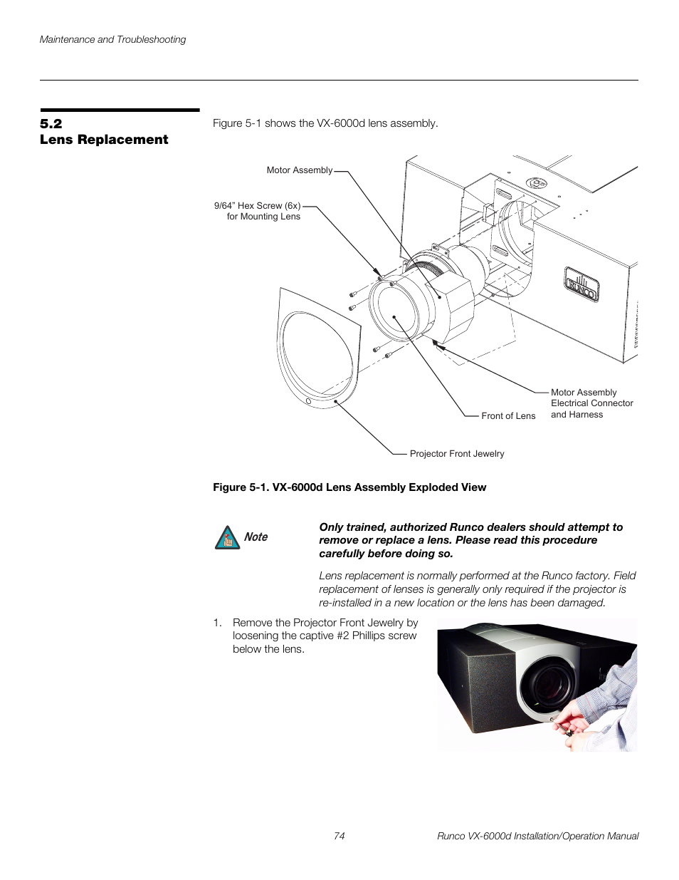 2 lens replacement, Figure 5-1 . vx-6000d lens assembly exploded view, Lens replacement | 1. vx-6000d lens assembly exploded view, Pre l iminar y | Runco CINEWIDE VX-6000D User Manual | Page 90 / 112