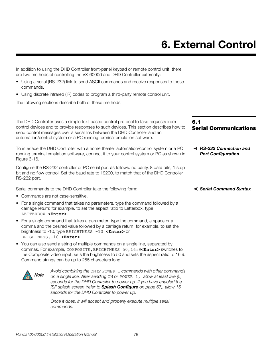 External control, 1 serial communications, Rs-232 connection and port configuration | Serial command syntax, Iminar, Serial communications, Pre l iminar y | Runco CINEWIDE VX-6000D User Manual | Page 95 / 112