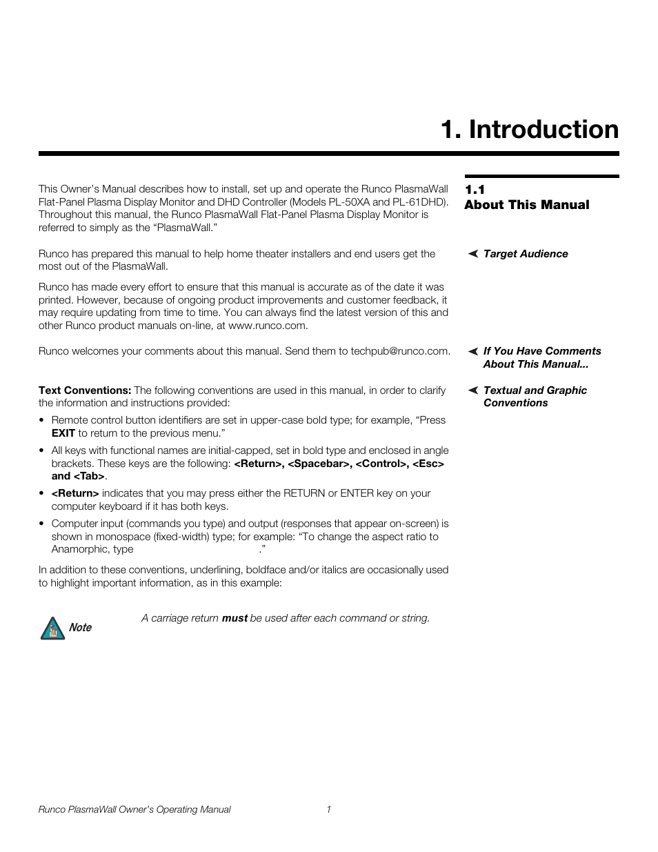 Introduction, 1 about this manual, Target audience | If you have comments about this manual, Textual and graphic conventions, Text conventions, About this manual, Pre l iminar y | Runco PL-61DHD User Manual | Page 11 / 68