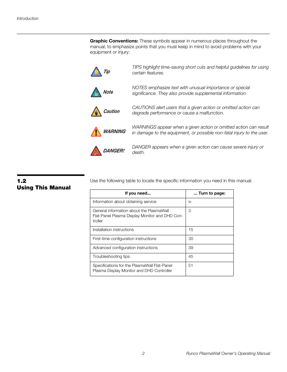 Graphic conventions, 2 using this manual, Using this manual | Pre l iminar y | Runco PL-61DHD User Manual | Page 12 / 68