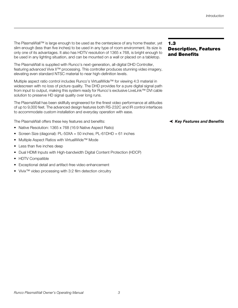 3 description, features and benefits, Key features and benefits, Description, features and benefits | Pre l iminar y | Runco PL-61DHD User Manual | Page 13 / 68